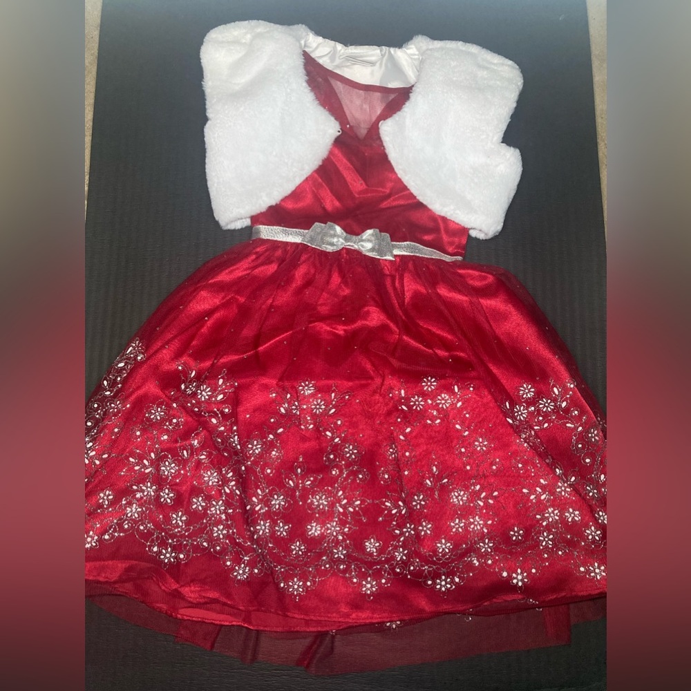 Girls red sparkling dress with white vest